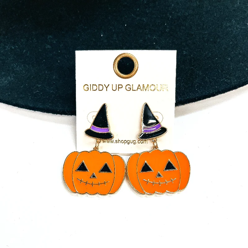 Women’s beaded dangly earrings-Witch Hat Post Earrings with Jack O' Lantern Drop in Orange