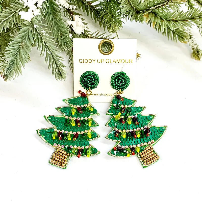 Women’s pearl earrings-Wishing On Winter Sequin and Beaded Christmas Tree Earrings with Yellow,Red, and Green Crystals