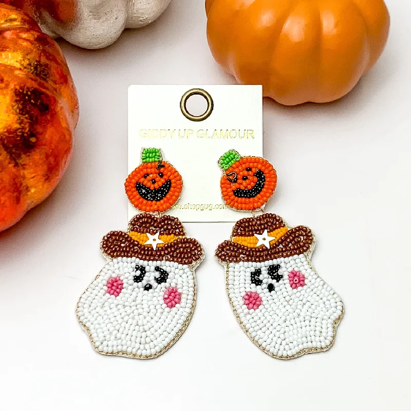 Women’s tassel earrings-Beaded Cowboy Ghost Earrings with Orange Pumpkin Studs in White