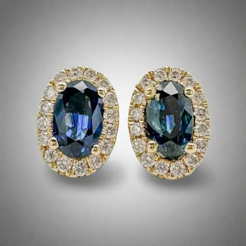 Women’s elegant earrings-14K Y Gold 0.70ctw Diamond and 0.10ctw Sapphire Halo Oval Stud Earrings