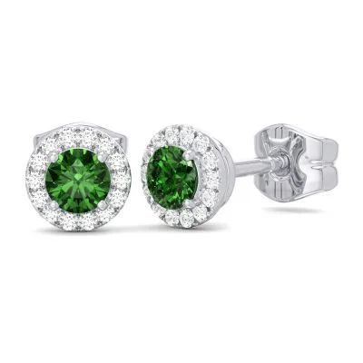 Women’s cuff earrings-14K W Gold 0.10ctw Diamond 0.30ctw Emerald Round Halo Earrings