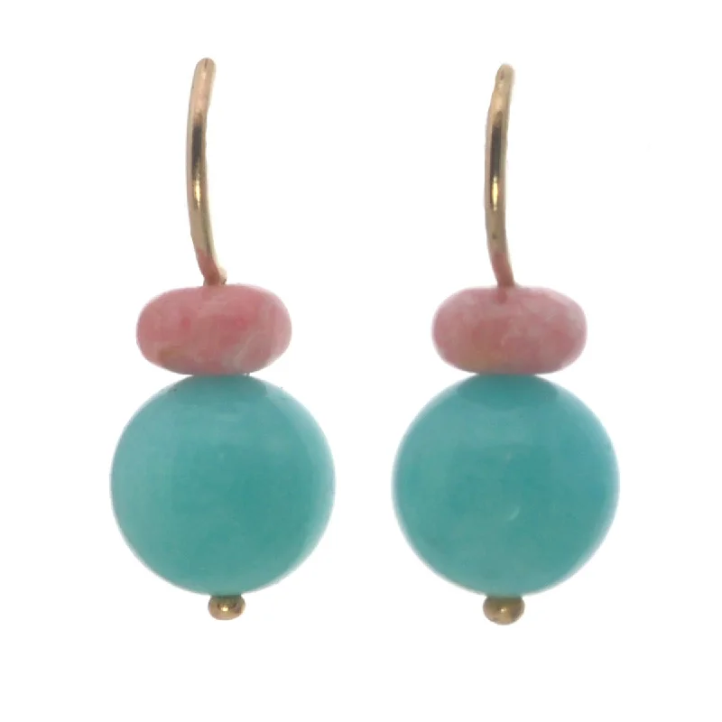 Women’s twisted gold earrings-Pom Pom Hooplet Earrings Amazonite Rhodochrosite