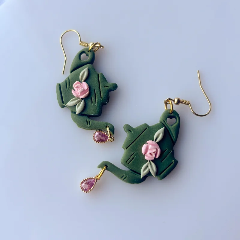 Women’s unique earrings-ROSE TEAPOT EARRINGS (GREEN)