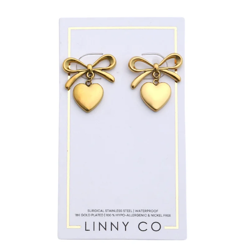 Women’s antique earrings-Linny Co | Ruthie Bow and Heart Drop Earrings in Gold