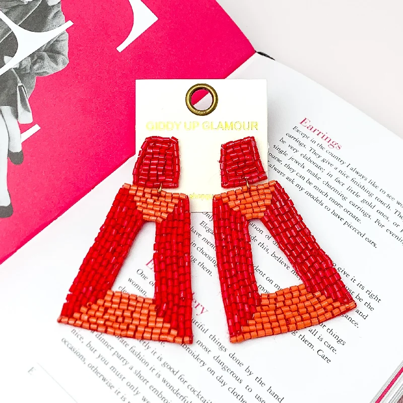 Women’s silver hoop earrings-Beaded Rectangle Designed Earrings in Red, and Orange