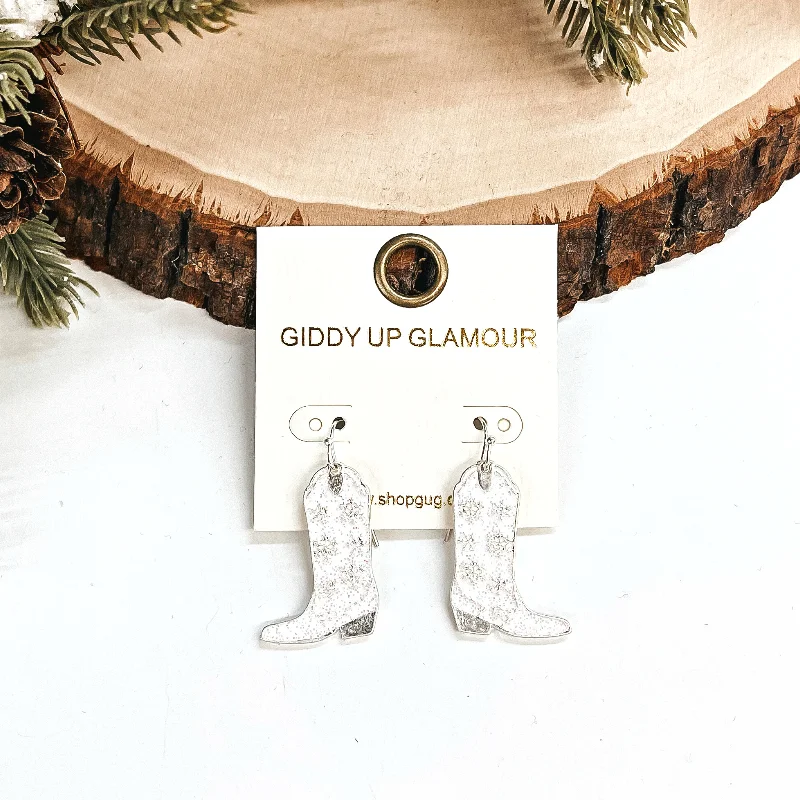 Women’s diamond earrings-Winter Fate Snowflake Pattern Boot Pendant Earrings in White