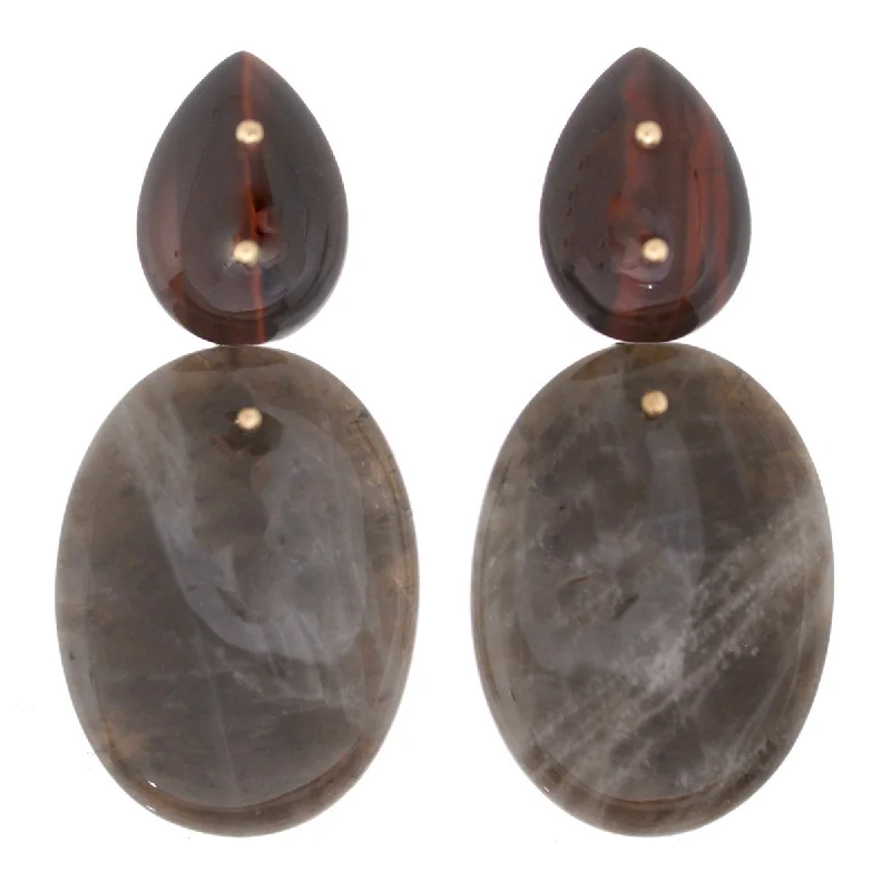 Women’s gold drop earrings-Mobile Earrings Red Tigers Eye Smoky Quartz Oval