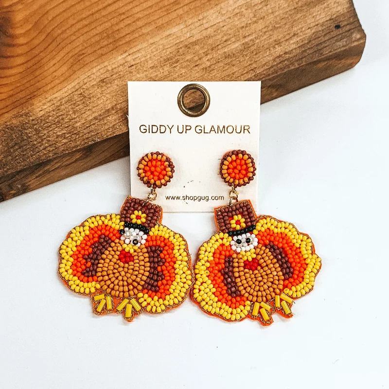 Women’s round stud earrings-Beaded Turkey Earrings in Tan and Orange