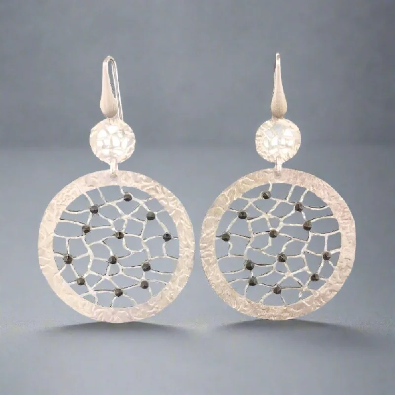 Women’s cuff earrings-SS & Black Spinel Textured Circle Drop Earrings