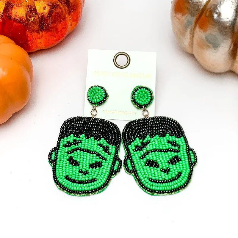 Women’s designer earrings-Beaded Frankenstein Earrings in Green, and Black