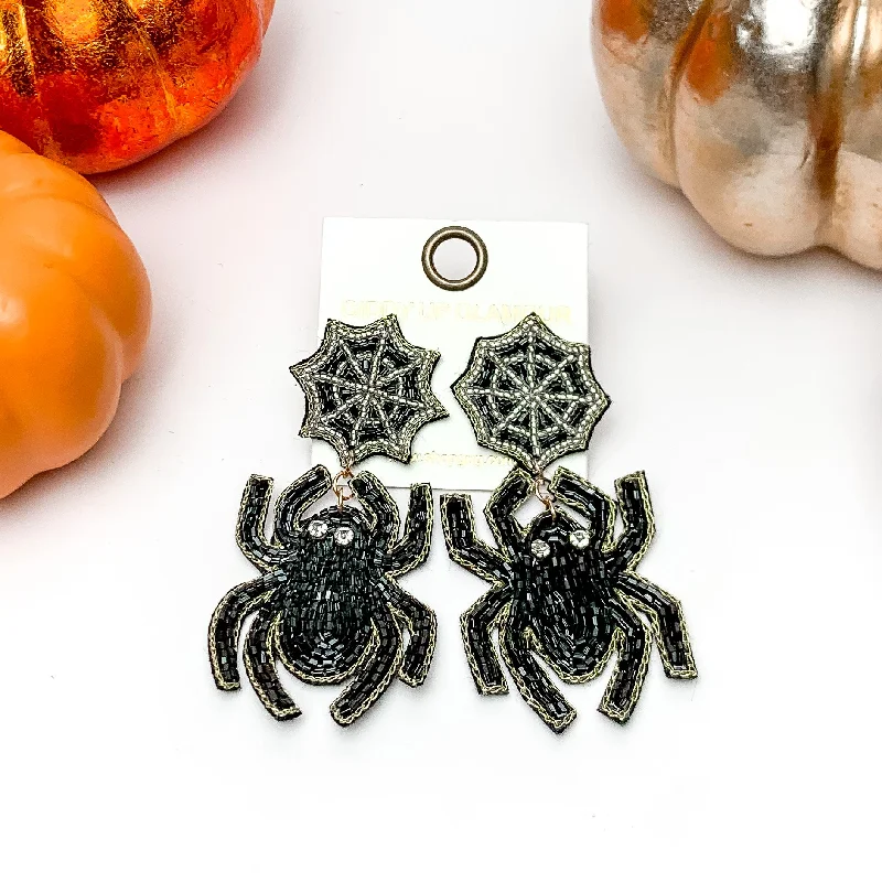 Women’s flower stud earrings-Beaded Spider Earrings With Web Post in Black