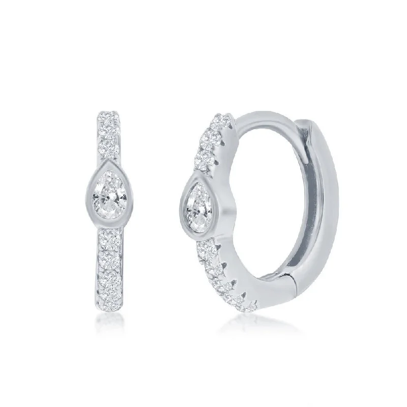 Women’s geometric earrings-SS 11MM Center Pear Shape CZ Huggie Hoop Earrings