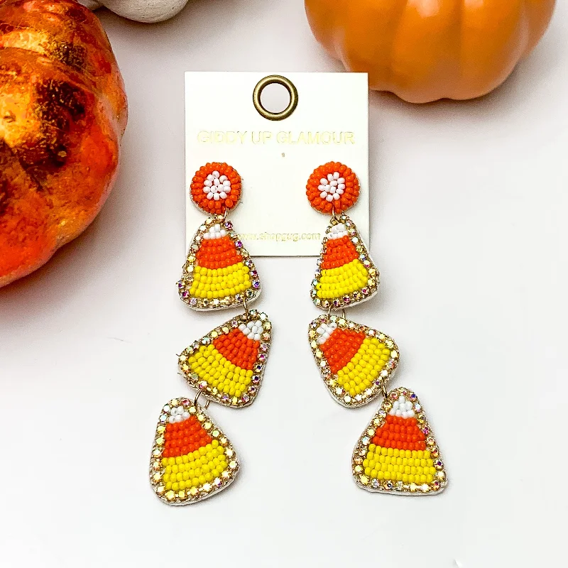 Women’s feather earrings-Beaded Candy Corn Drop Earrings with AB Crystal Outline in Orange and Yellow