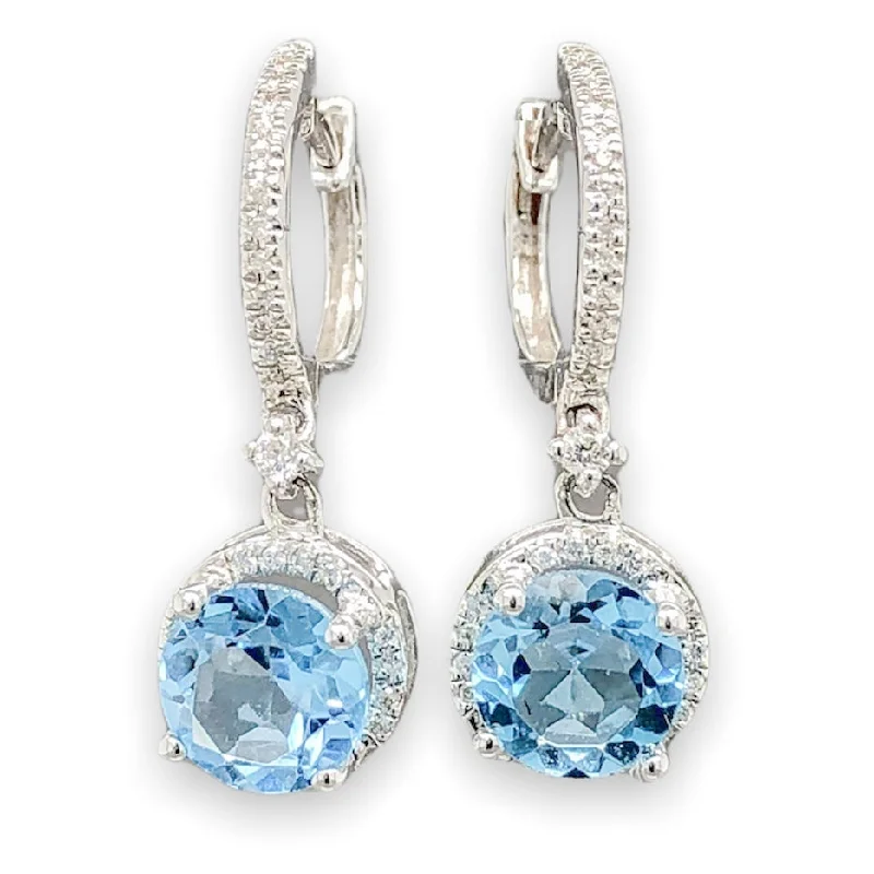 Women’s statement gold earrings-14K W Gold 1.44cttw Blue Topaz & 0.26cttw Diamond Halo Dangle Earrings