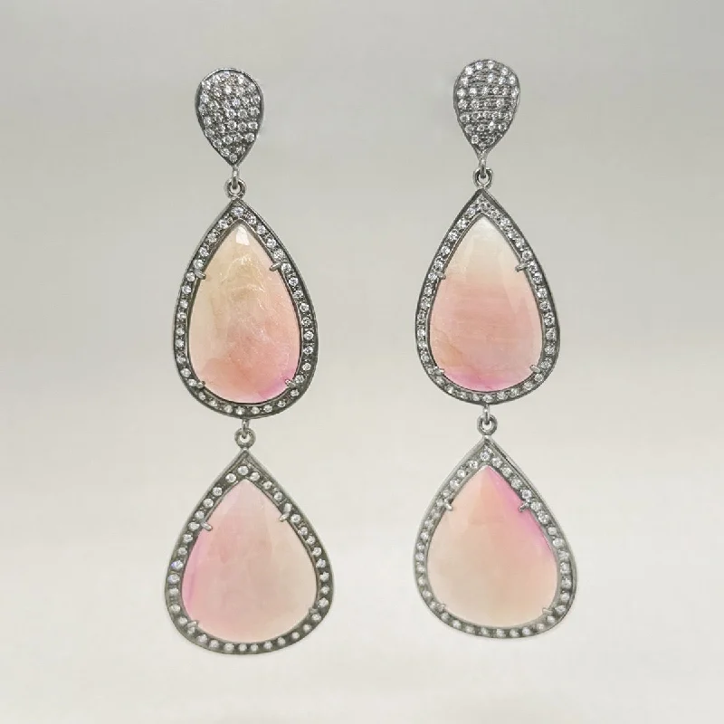 Women’s unique diamond earrings-SS Pink Corundum & White Topaz Double Drop Earrings