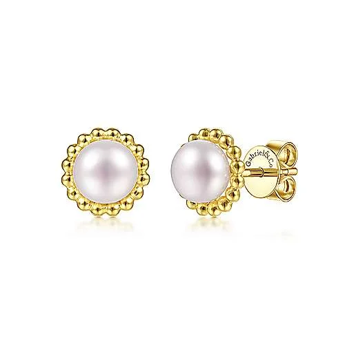 Women’s hoop earrings with crystals-14K Y Gold 6mm Pearl with Beaded Frame Stud Earrings