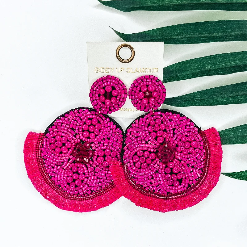 Women’s flower earrings-Large Seedbead and Crystal Beaded Statement Earrings with Fringe Trim in Fuchsia