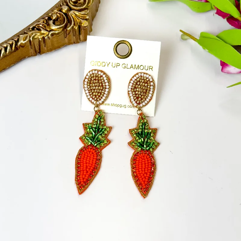 Women’s matching earrings-Beaded Drop Carrot Earrings with Crystals in Orange