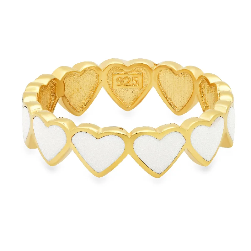 Women’s band rings-WHITE ENAMEL HEARTS RING GOLD