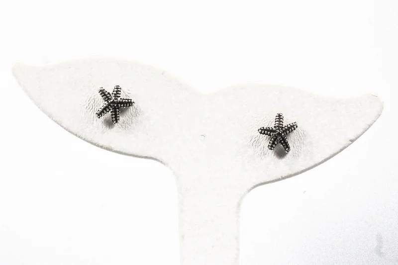 Women’s geometric gold earrings-Sterling Silver Antiqued Starfish Earrings with Cubic Zirconia