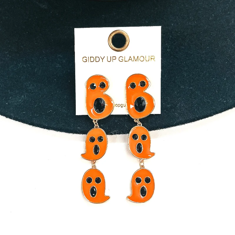 Women’s cubic zirconia earrings-Ghost Drop Post Earrings with Black Crystals in Orange