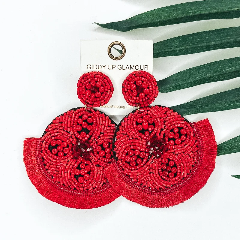 Women’s luxury diamond earrings-Large Seedbead and Crystal Beaded Statement Earrings with Fringe Trim in Red