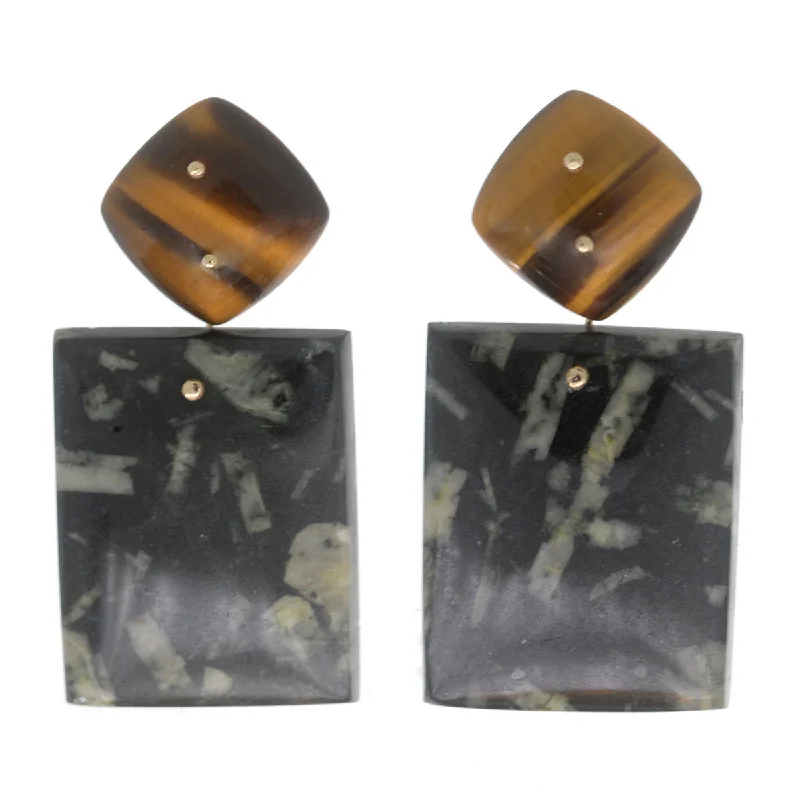 Women’s rainbow earrings-Mobile Earrings Tigers Eye Chinese Writing Stone