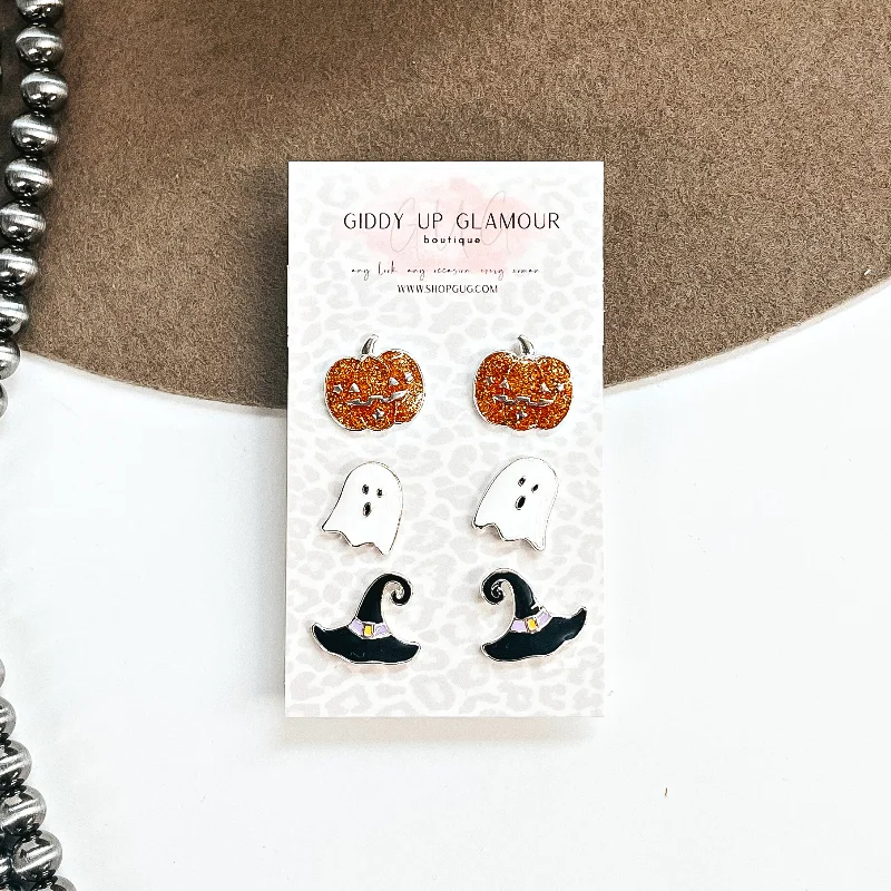 Women’s pearl drop earrings-Halloween Earring Stud Set in Silver Tone Setting