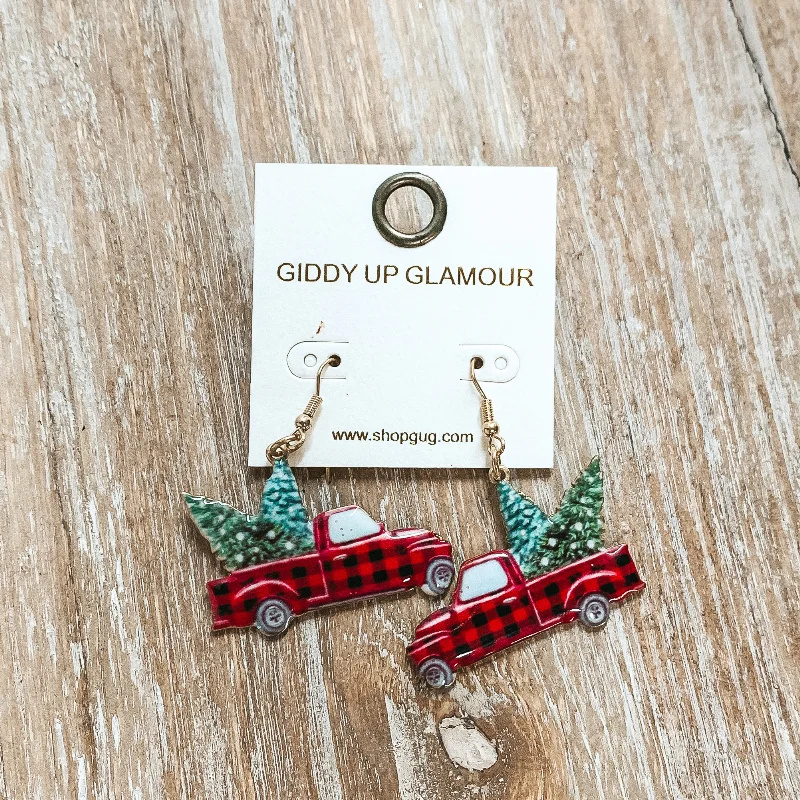 Women’s gold drop earrings-Gold Tone Fishhook Earrings with Buffalo Plaid Truck and Christmas Tree Pendant