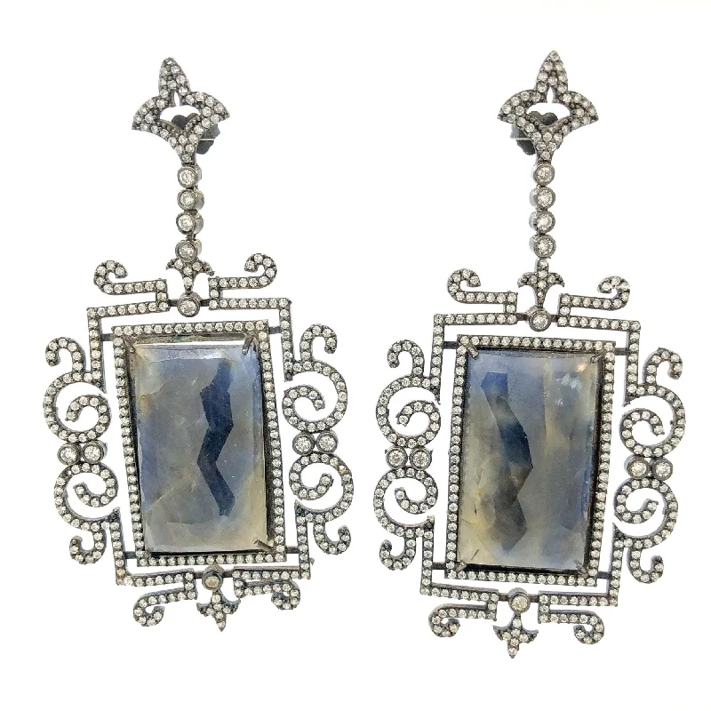 Women’s cubic zirconia earrings-SS Antiqued Sapphire & CZ Drop Earrings