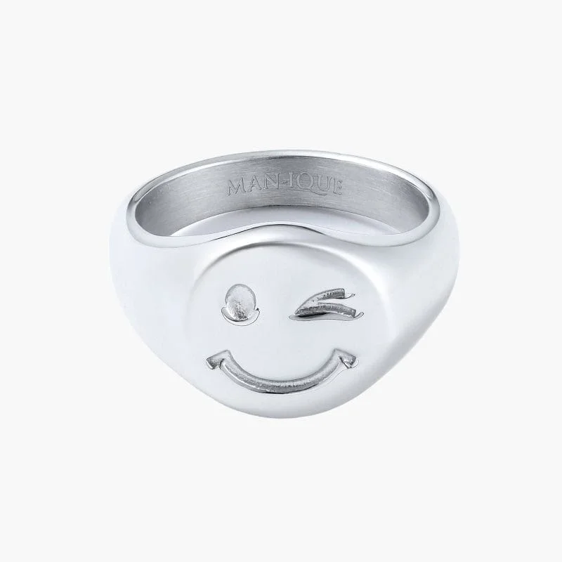 Women’s solitaire rings-Winking Smiley Ring - White Gold