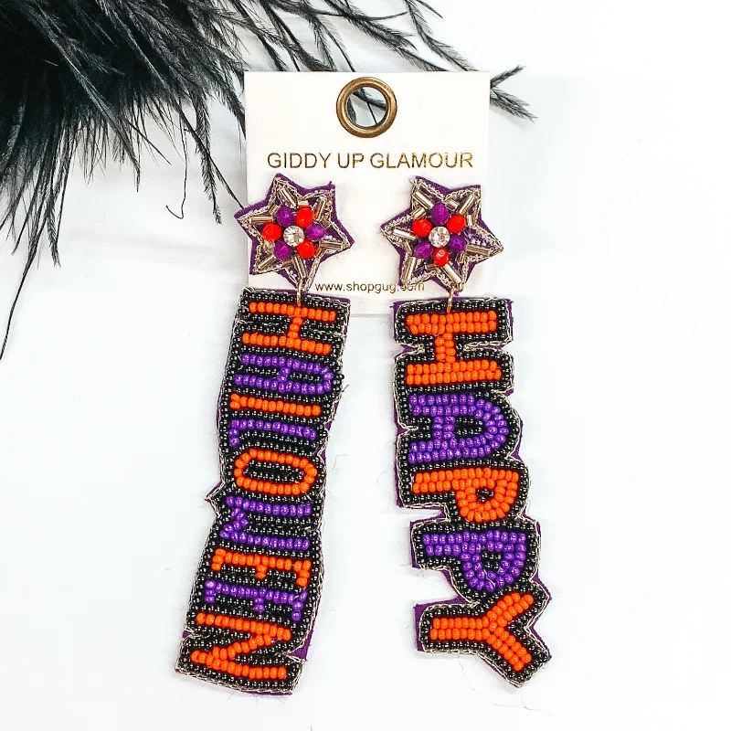 Women’s twisted gold earrings-Happy Halloween Beaded Earrings in Orange and Purple