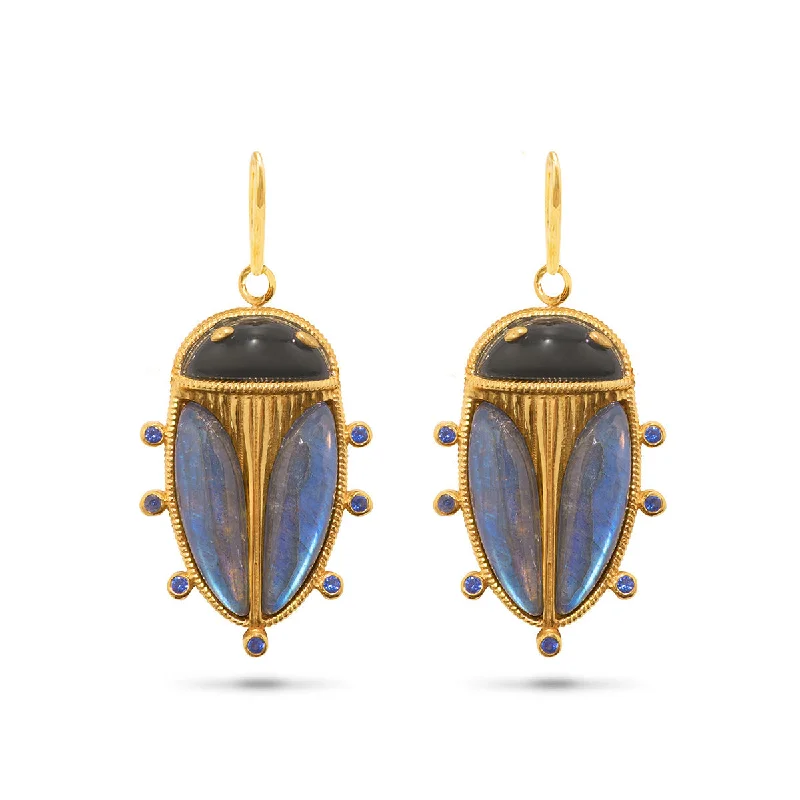 Women’s vintage-inspired earrings-Scarab Petite Drop Earrings - Blue Labradorite/Black Agate