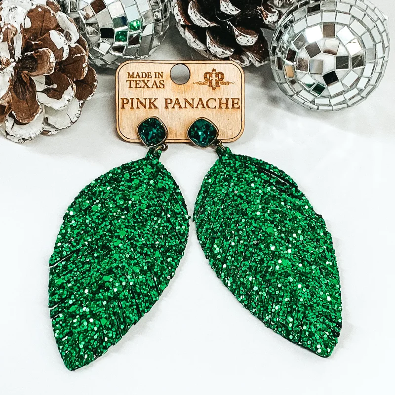 Women’s colorful earrings-Pink Panache | Green Glitter Feather Earrings on Emerald Cushion Cut Crystals