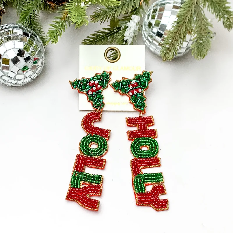 Women’s gemstone drop earrings-HOLLY JOLLY Beaded Drop Mistletoe Post Back Earrings in Red and Green