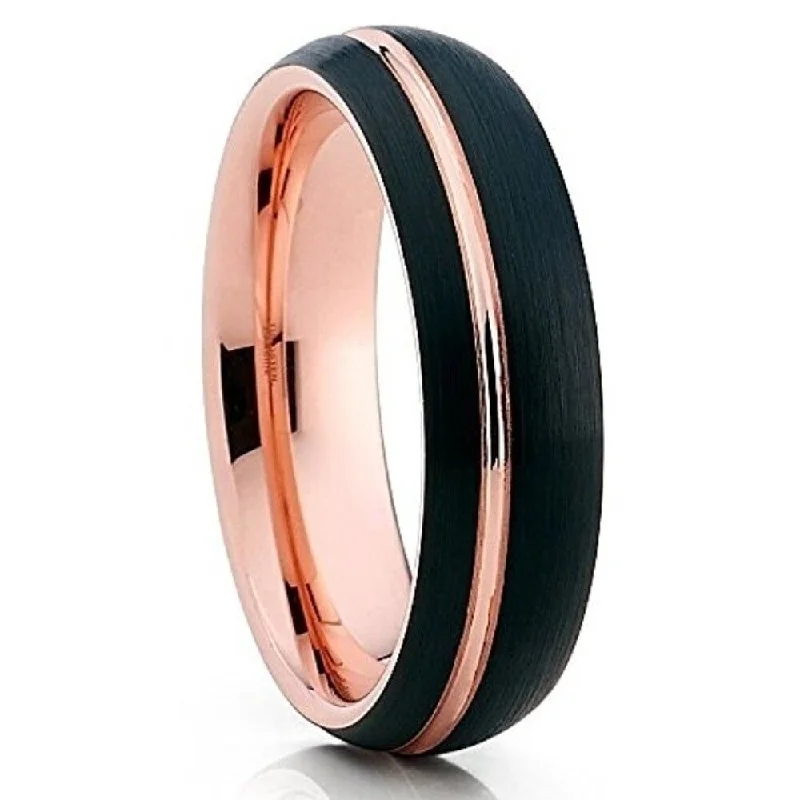 Women’s halo engagement rings-6Mm Rose Gold Black Tungsten Carbide Wedding Ring Comfort Fit Anniversary Band