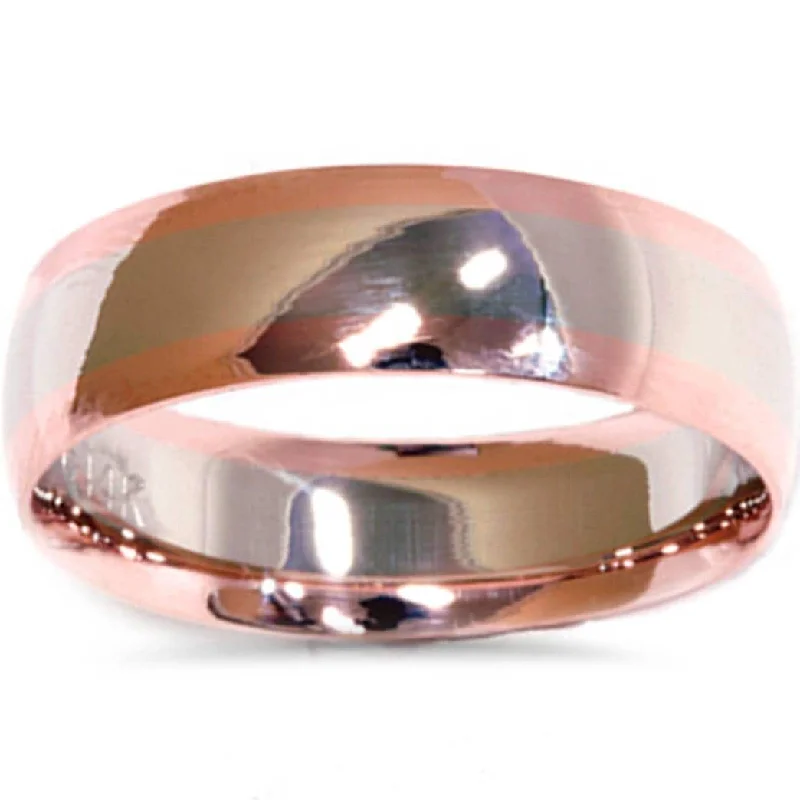 Women’s simple engagement rings-White & Rose Gold Plain High Polished Wedding Band 14K