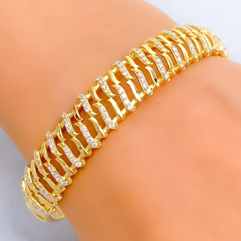 Women’s vintage bracelets-Shiny Alternating Striped Diamond + 18k Gold Bangle Bracelet