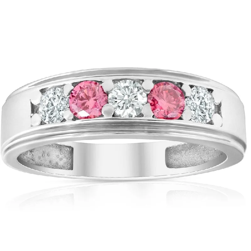 Women’s engagement rings with halo settings-1 Ct T.W. Pink & White Lab Grown Diamond Mens Wedding Ring 5-Stone White Gold