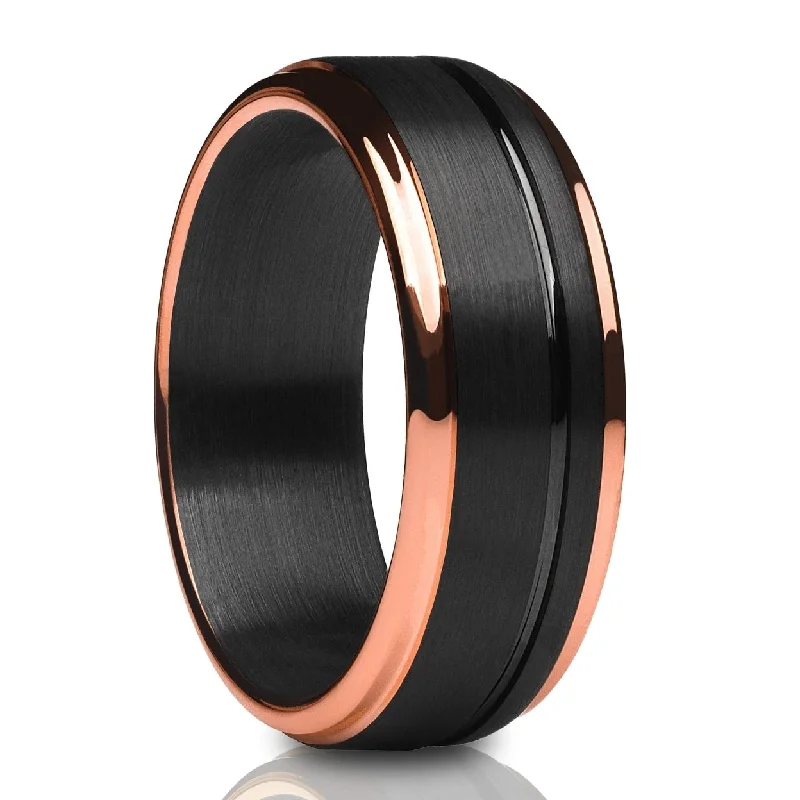 Women’s engagement rings with rubies-Black Tungsten Wedding Ring 8Mm Rose Gold Ip Plating Unique Comfort Fit