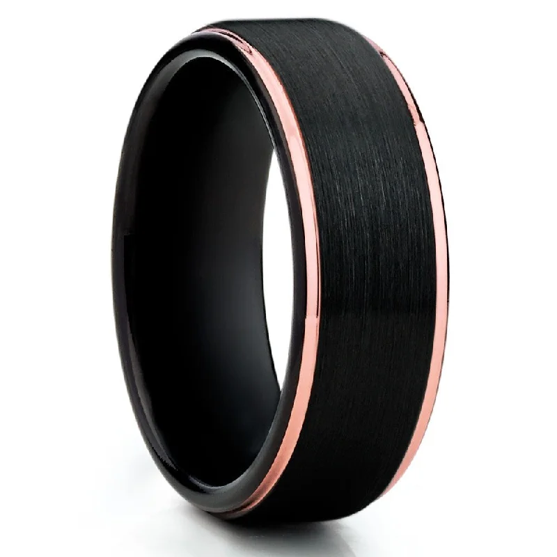 Women’s custom-designed engagement rings-Black Tungsten Wedding Ring 8Mm Black Band With Rose Gold Plating Comfort Fit