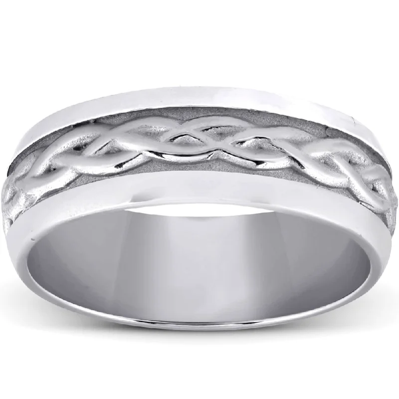 Women’s custom engagement rings-Pompeii3 14k White Gold 7mm Brushed Braided Comfort Fit Ring Mens Wedding Band