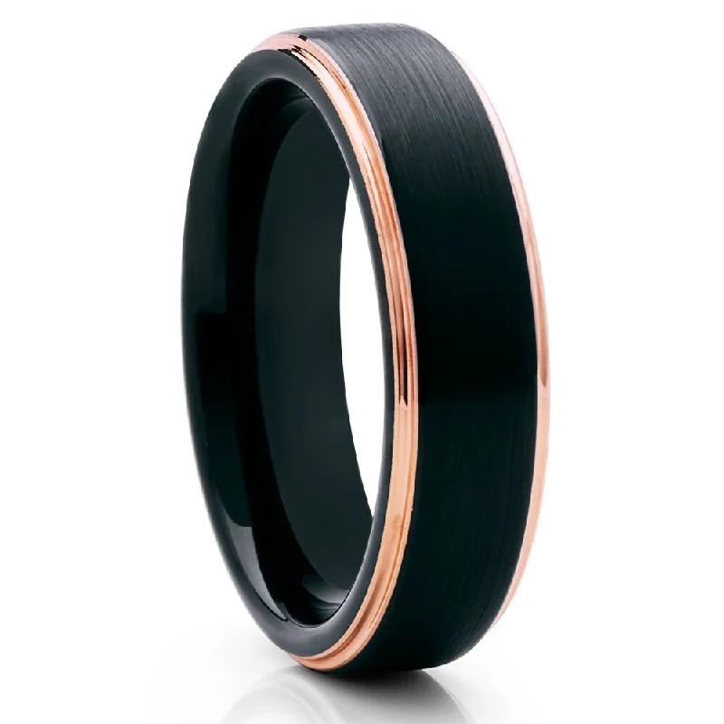 Women’s multi-stone engagement rings-Black Tungsten Wedding Band 6Mm Rose Gold Ip Plated Comfort Fit Carbide Ring