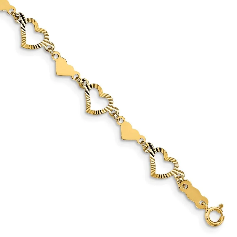 Women’s stackable bracelets-14k Yellow Gold 6mm Polished Diamond-cut Open & Stamp Heart Bracelet, 7.5"