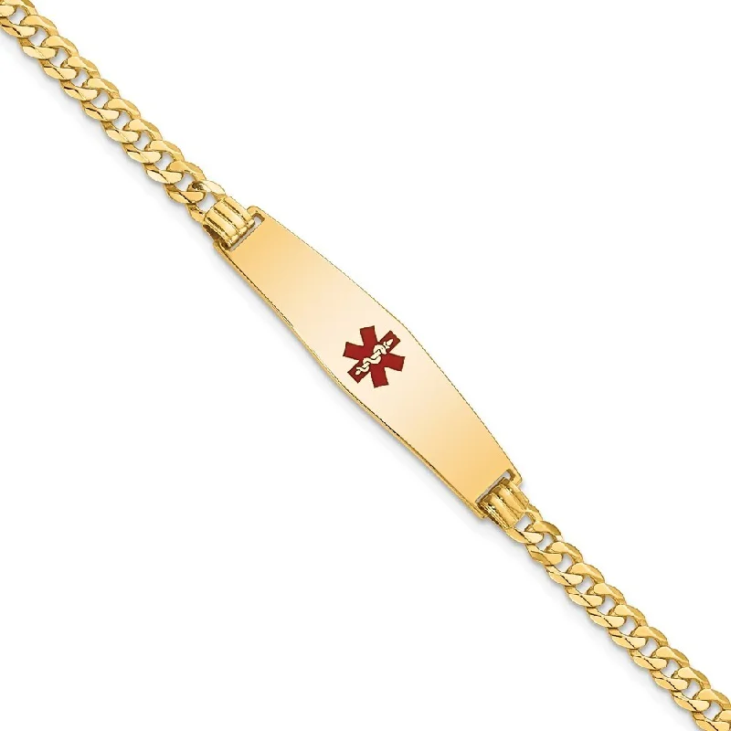 Women’s romantic bracelets-14k Yellow Gold 8.5mm Medical Soft Diamond Shape Red Enamel Flat Curb Link ID Bracelet, 7"