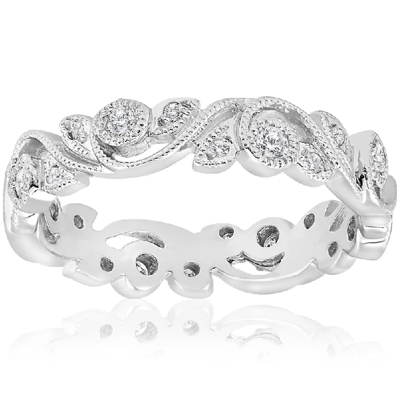 Women’s antique-style engagement rings-Pompeii3 14k White Gold 1/4 ct TDW Diamond Vintage Filigree Petal Leaf Eternity Wedding Ring