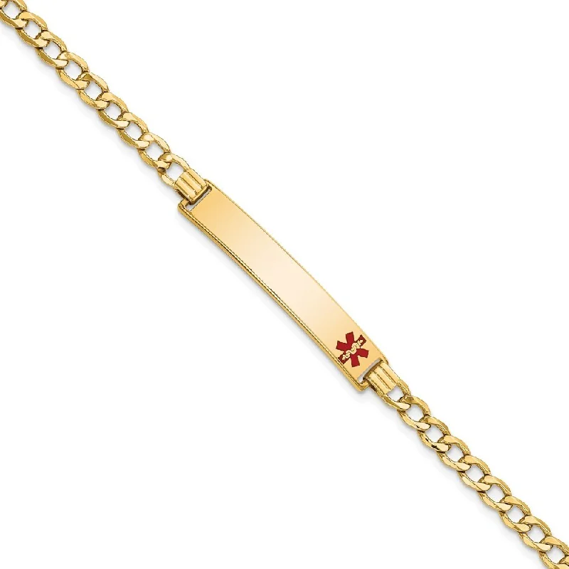 Women’s silver chain bracelets-14k Yellow Gold 6.5mm Semi-solid Medical Red Enamel Curb Link ID Bracelet, 7"