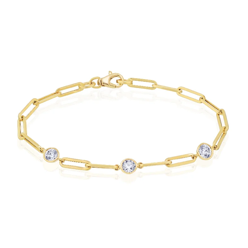 Women’s diamond tennis bracelets-Three-Stone Bezel Paperclip Bracelet