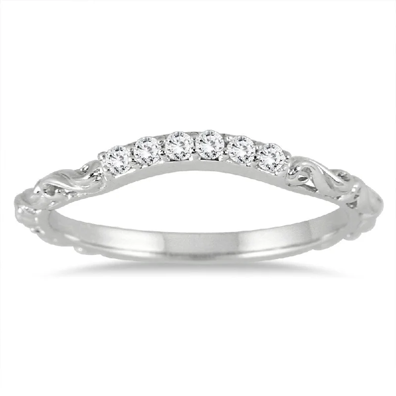 Women’s simple engagement rings-1/6 Carat TW Diamond Antique Wedding Band in 14K White Gold