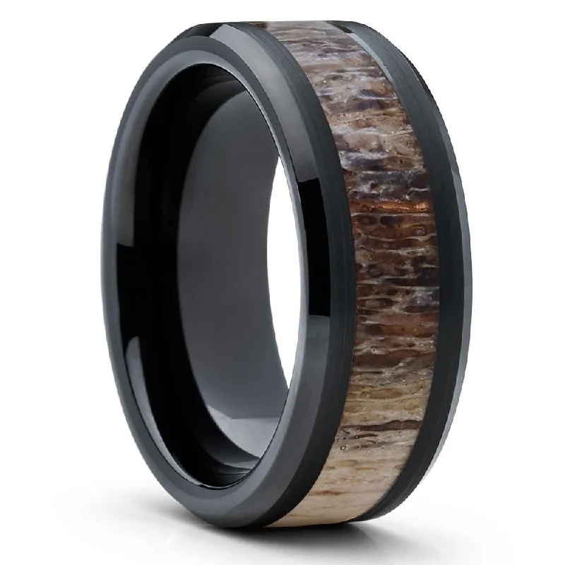 Women’s solitaire engagement rings-10Mm Black Tungsten Carbide Wedding Ring With Deer Antler Inlay Comfort Fit